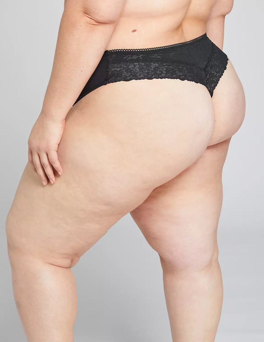 Women Lane Bryant Cotton With Lace Back Thong Panty Black | SIN6552CJ