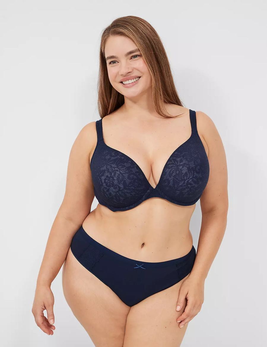 Women Lane Bryant Cotton With Lace Waist Thong Panty Blue | PRQ9566HE