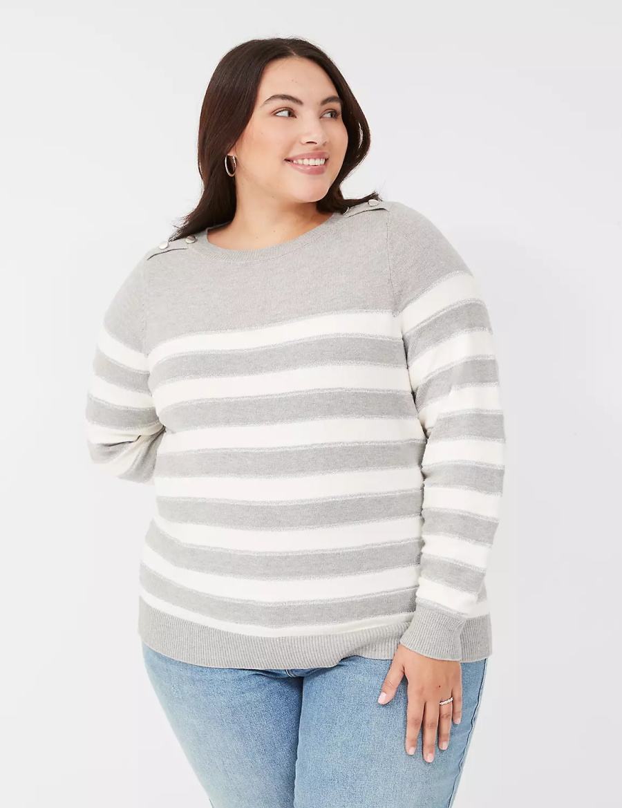 Women Lane Bryant Crew-Neck Button-Shoulder Striped Sweaters Brown | RLT6153VD