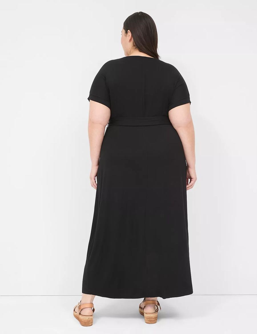 Women Lane Bryant Crew-Neck Faux-Wrap Jersey Midi Dress Black | WVB9018MZ