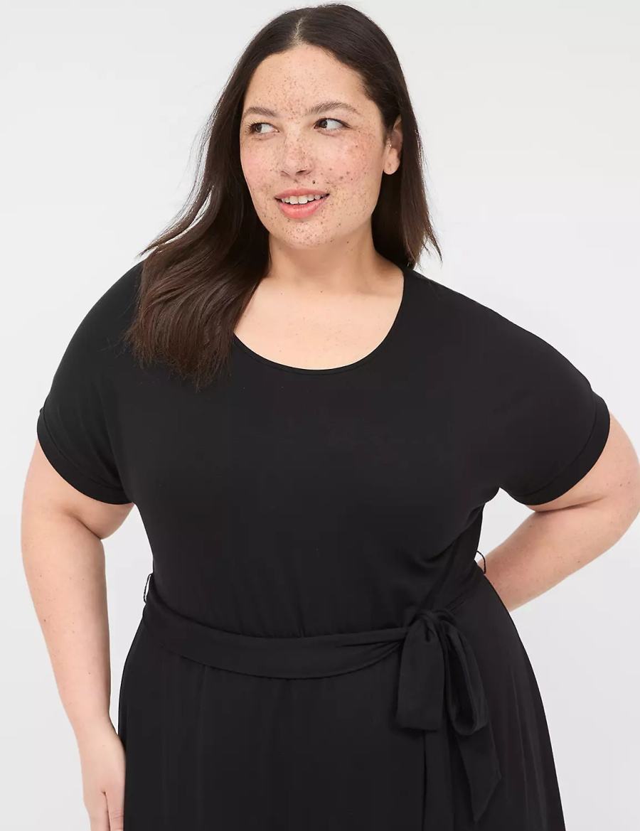 Women Lane Bryant Crew-Neck Faux-Wrap Jersey Midi Dress Black | WVB9018MZ