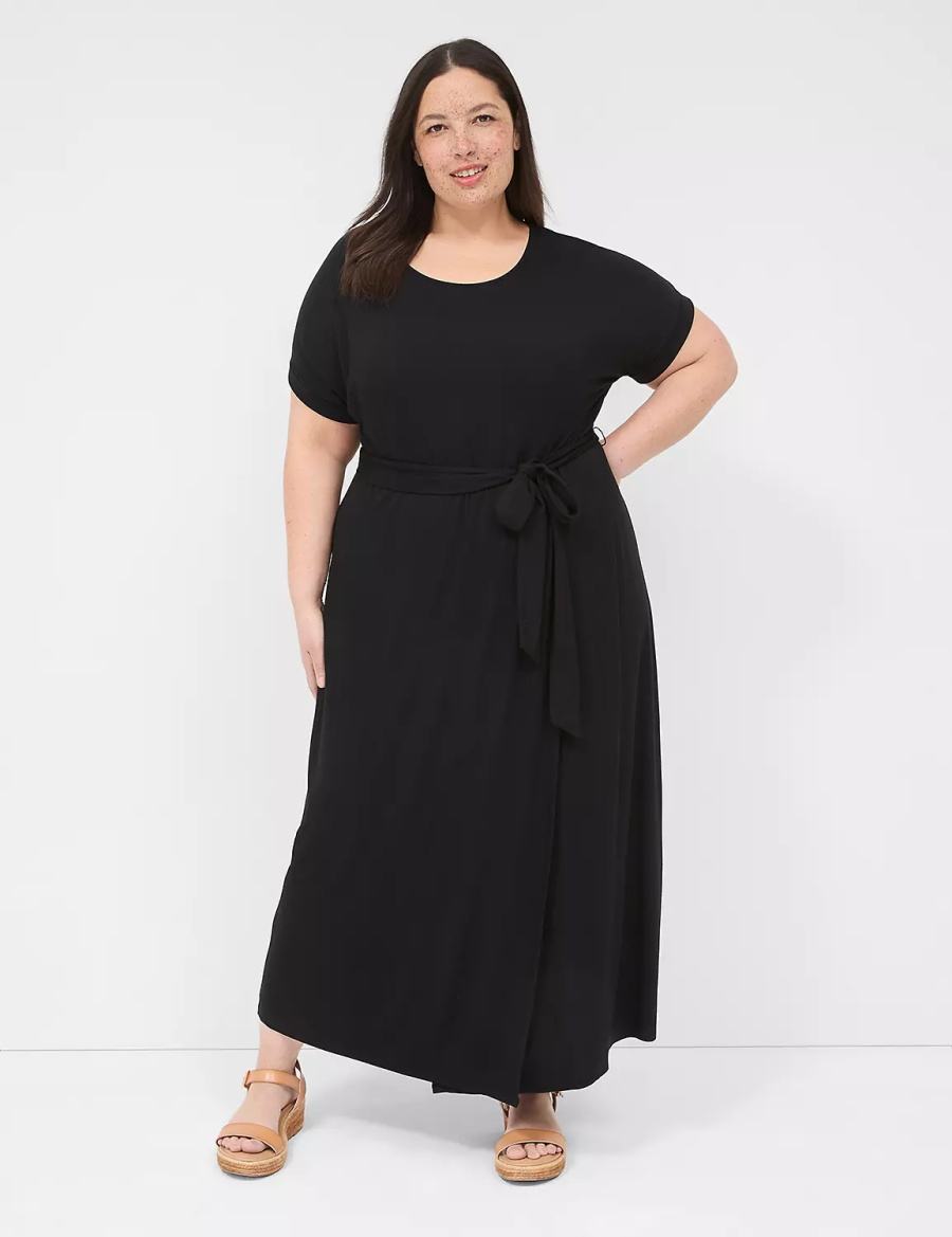 Women Lane Bryant Crew-Neck Faux-Wrap Jersey Midi Dress Black | WVB9018MZ