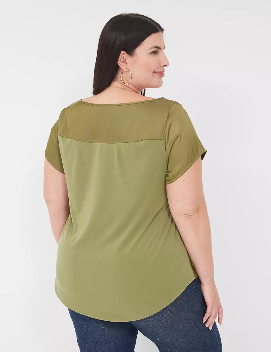 Women Lane Bryant Crew-Neck Satin & Knit Top T Shirts Green | GDC3877WV