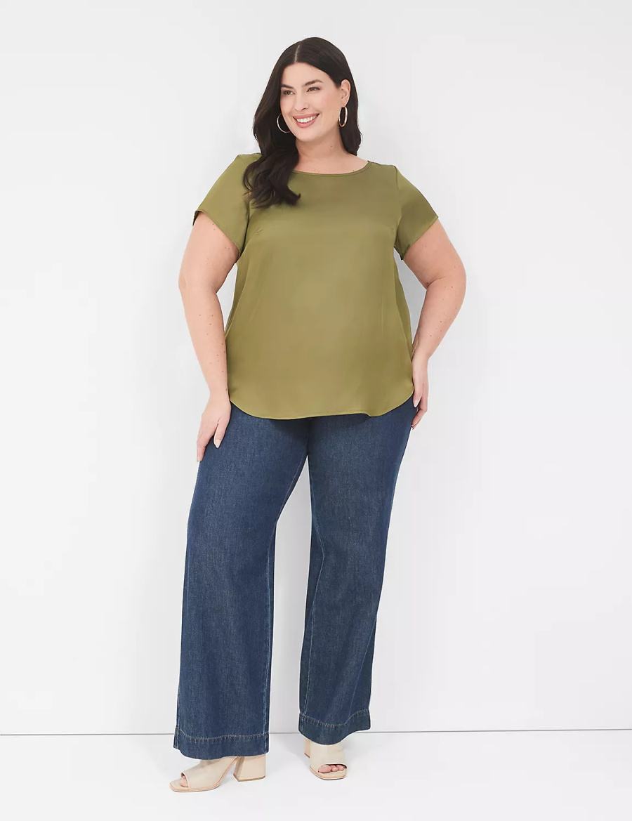 Women Lane Bryant Crew-Neck Satin & Knit Top T Shirts Green | GDC3877WV