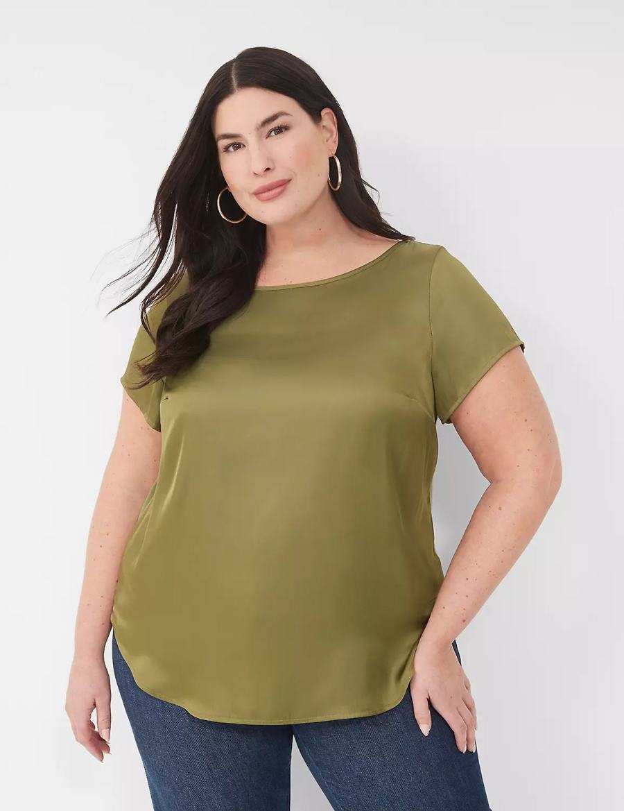 Women Lane Bryant Crew-Neck Satin & Knit Top T Shirts Green | GDC3877WV