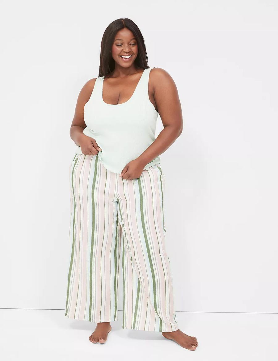 Women Lane Bryant Crinkle Woven Wide Leg Pants Green Multicolor Stripes | HLE498UI