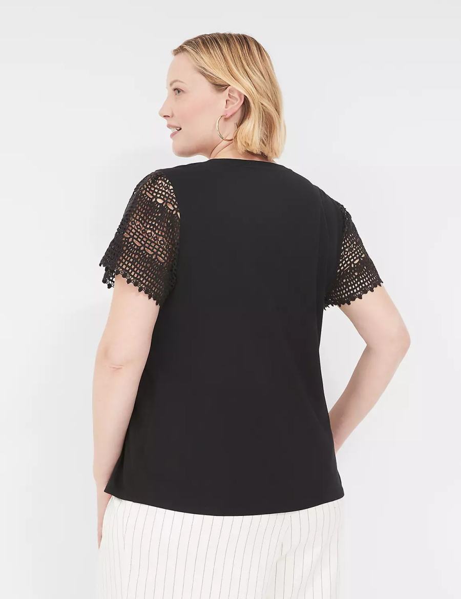 Women Lane Bryant Crochet-Sleeve Crew-Neck Tee T Shirts Black | RUN6723PO