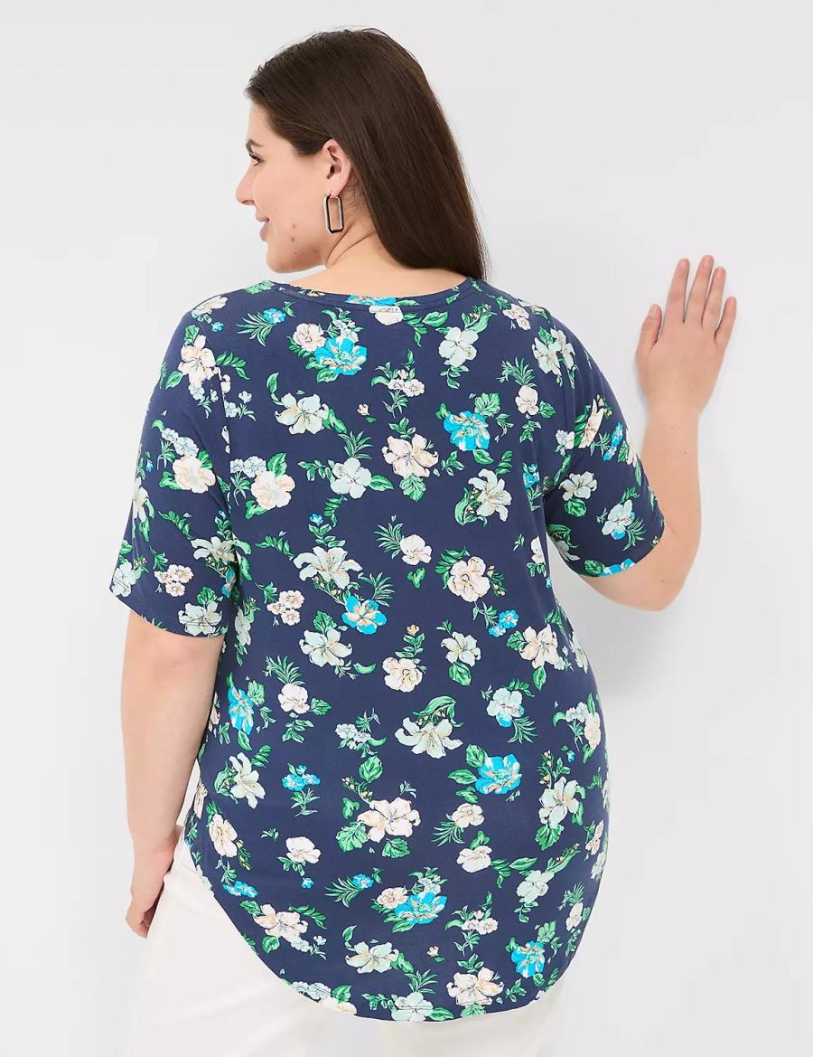 Women Lane Bryant Curved-Hem Perfect Sleeve Tee T Shirts Navy | XDQ7149MJ