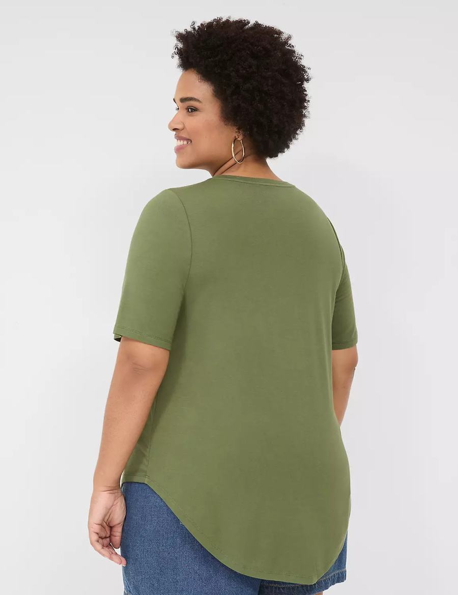 Women Lane Bryant Curved-Hem Perfect Sleeve Tee T Shirts Brown Green | XYK737GX