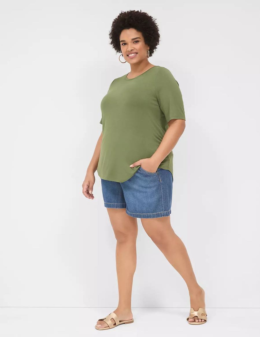 Women Lane Bryant Curved-Hem Perfect Sleeve Tee T Shirts Brown Green | XYK737GX