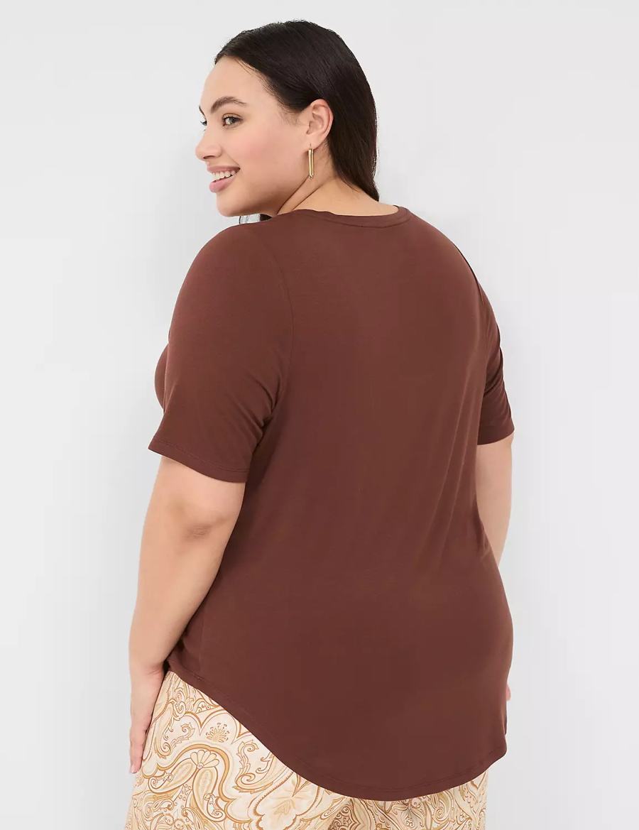 Women Lane Bryant Curved-Hem Perfect Sleeve Tee T Shirts Brown | PZG9997VF