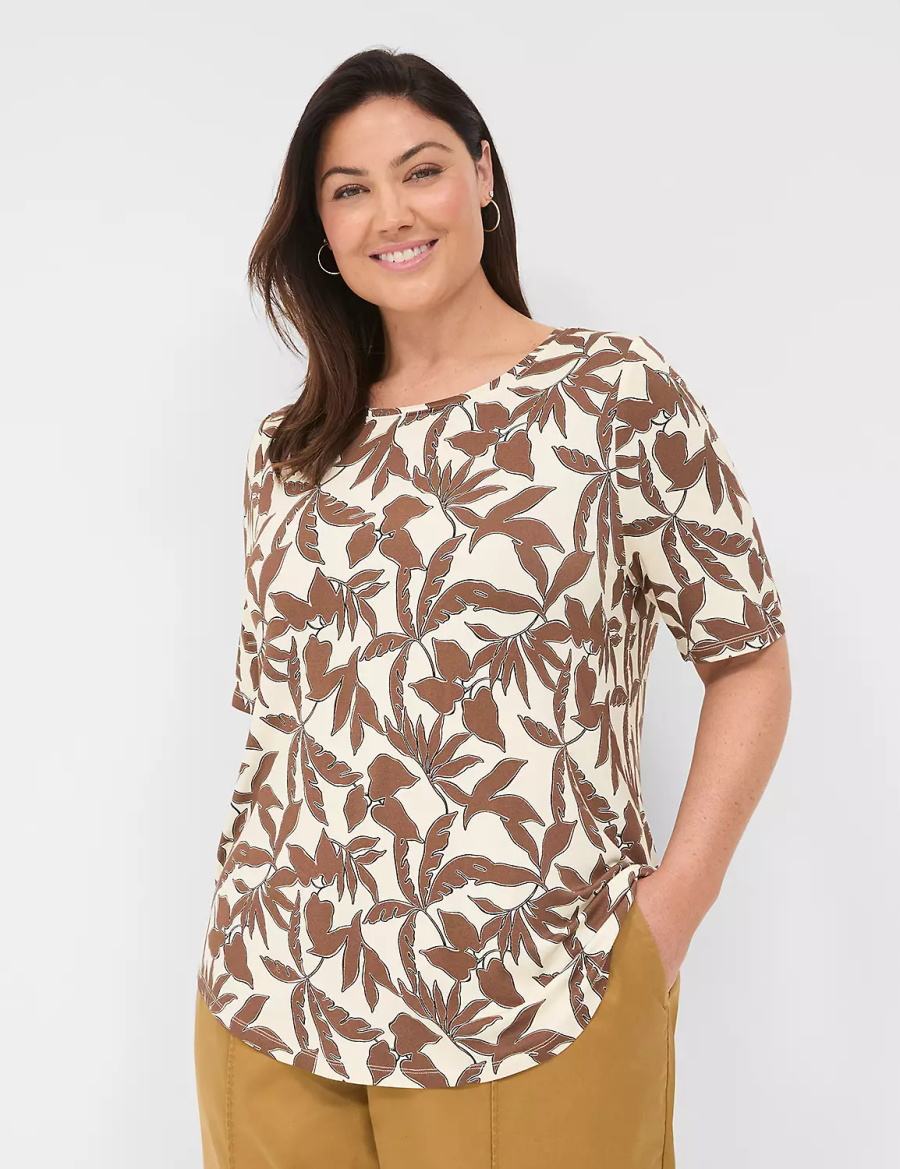 Women Lane Bryant Curved-Hem Perfect Sleeve Tee T Shirts Brown | MEQ9336FJ