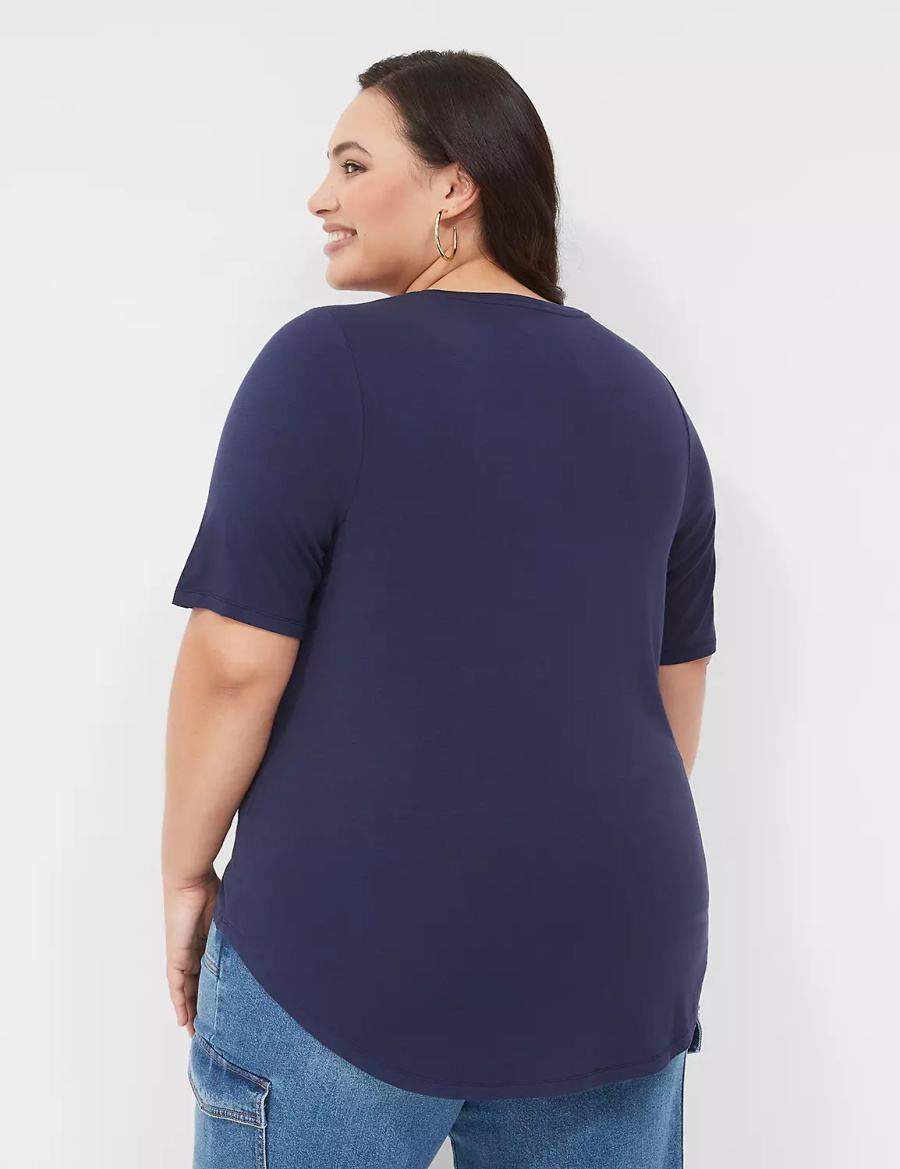 Women Lane Bryant Curved-Hem Perfect Sleeve Tee T Shirts Blue | EDH1387ED