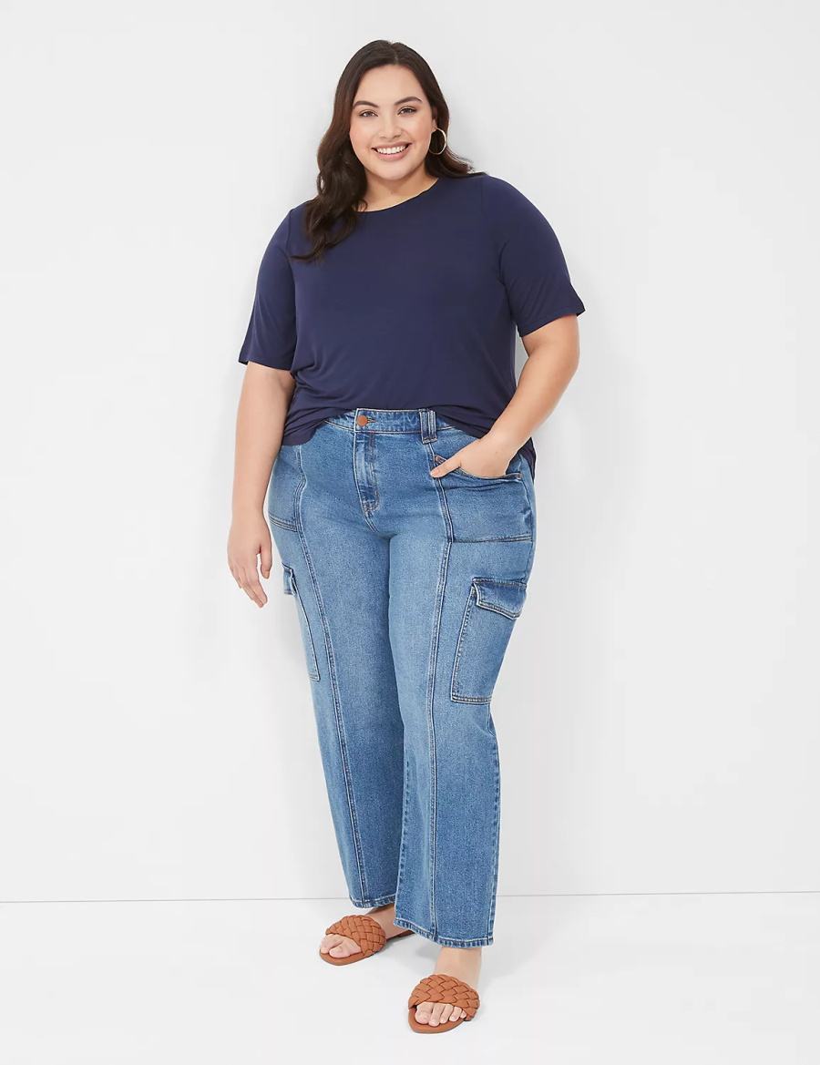 Women Lane Bryant Curved-Hem Perfect Sleeve Tee T Shirts Blue | EDH1387ED