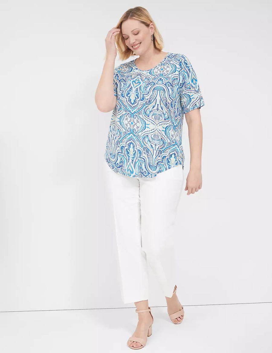 Women Lane Bryant Curved-Hem Perfect Sleeve Tee T Shirts Blue | INX2962JF