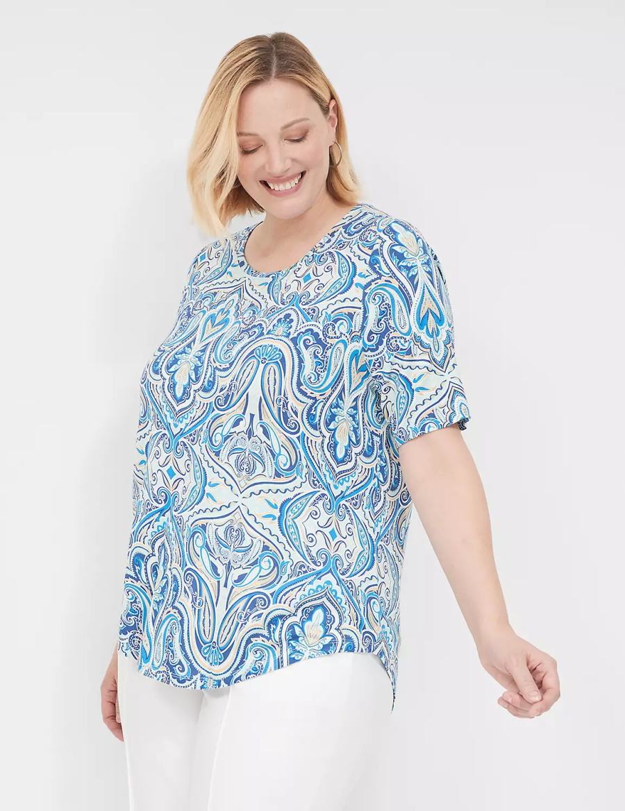 Women Lane Bryant Curved-Hem Perfect Sleeve Tee T Shirts Blue | INX2962JF