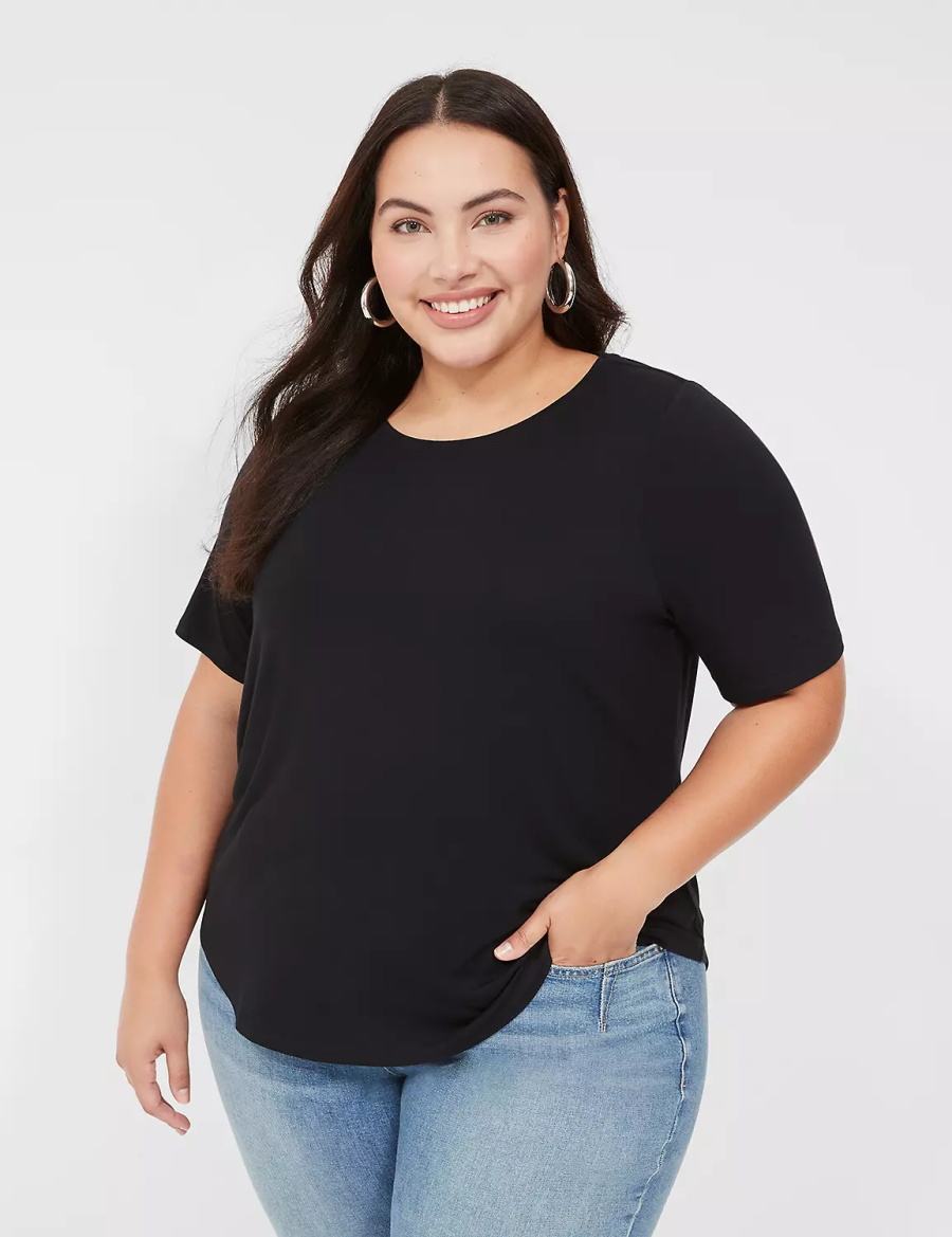 Women Lane Bryant Curved-Hem Perfect Sleeve Tee T Shirts Black | SSD8497ZU