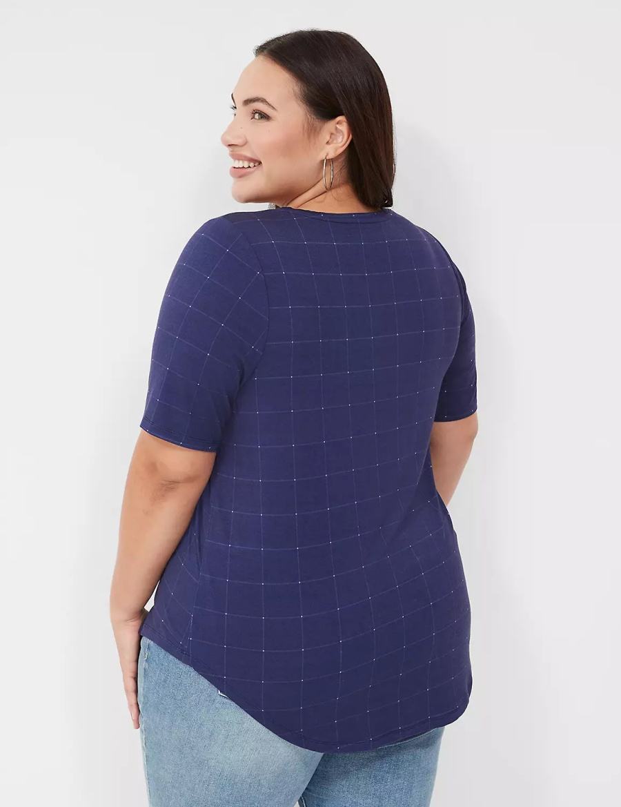 Women Lane Bryant Curved-Hem Perfect Sleeve Tee T Shirts Dark Blue | XEG7533XA