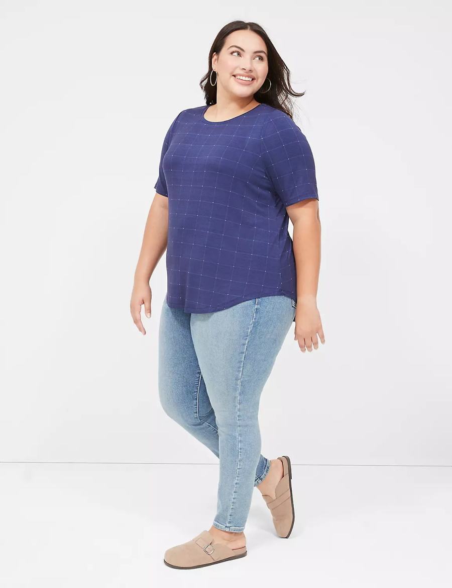 Women Lane Bryant Curved-Hem Perfect Sleeve Tee T Shirts Dark Blue | XEG7533XA