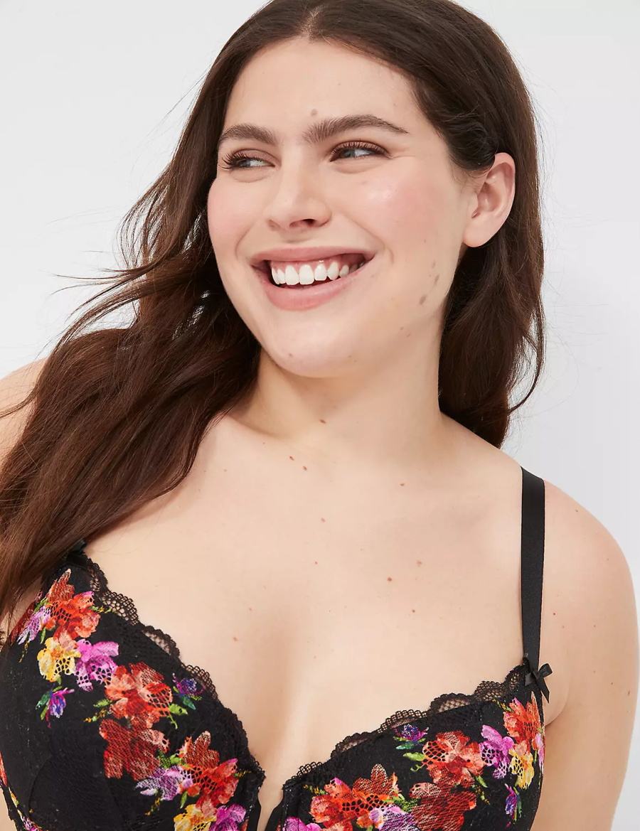 Women Lane Bryant Digital Print Lace Lightly Lined V-Wire Bralettes Black | CNO6782UY