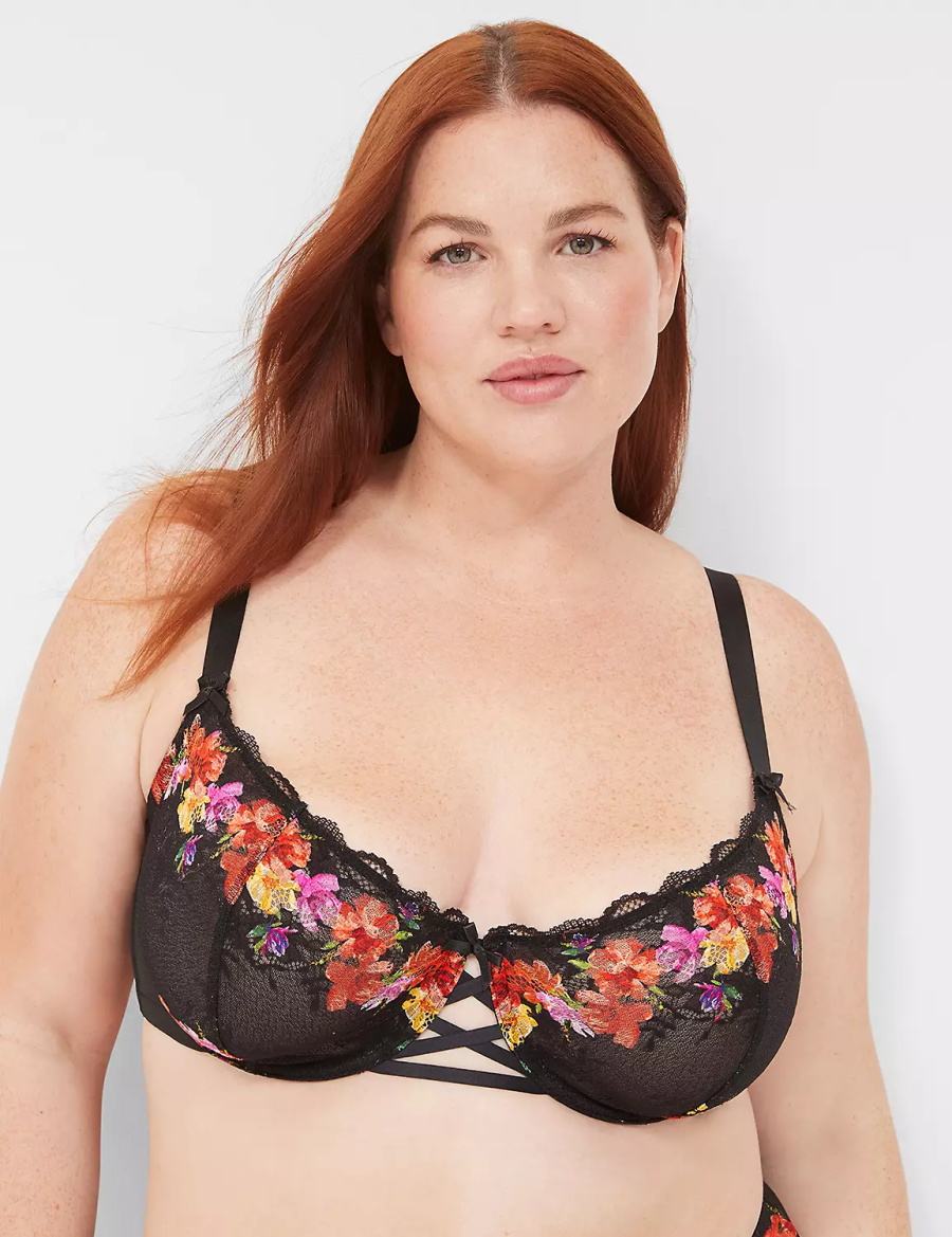 Women Lane Bryant Digital Print Lace Unlined Balconette Bra Black | VMM466IB