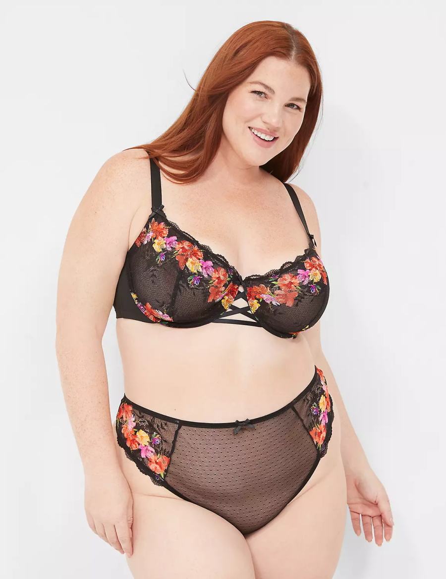 Women Lane Bryant Digital Print Lace Unlined Balconette Bra Black | VMM466IB