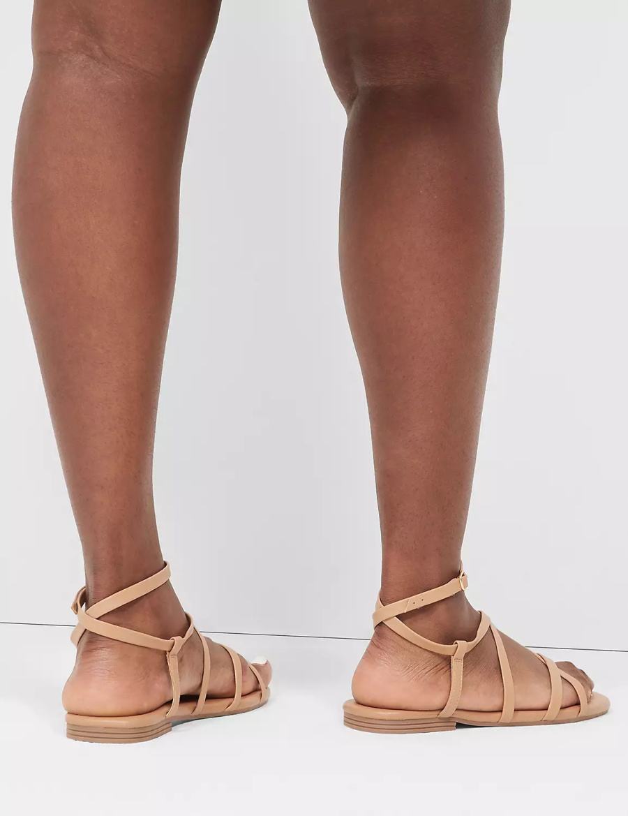 Women Lane Bryant Dream Cloud Ankle-Strap Faux-Leather Gladiator Flat Sandals Brown | GHF7829FH