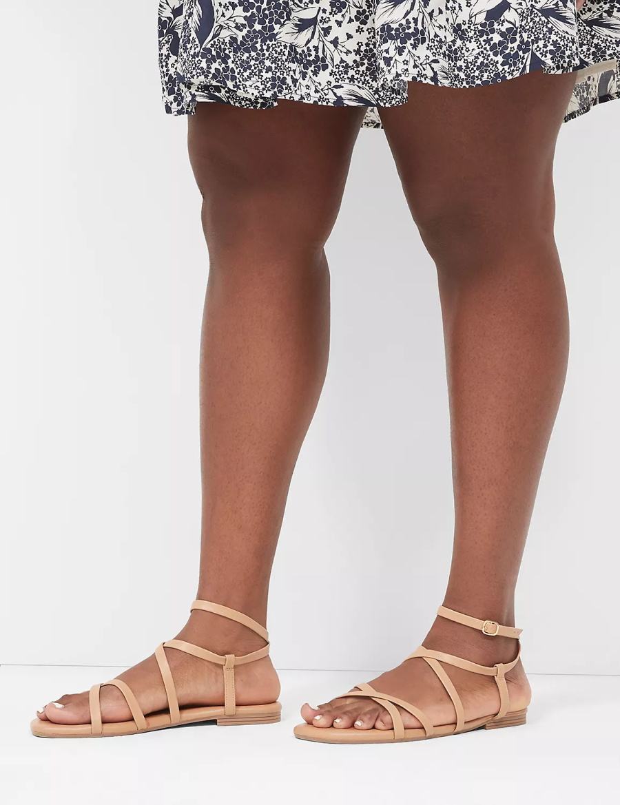 Women Lane Bryant Dream Cloud Ankle-Strap Faux-Leather Gladiator Flat Sandals Brown | GHF7829FH