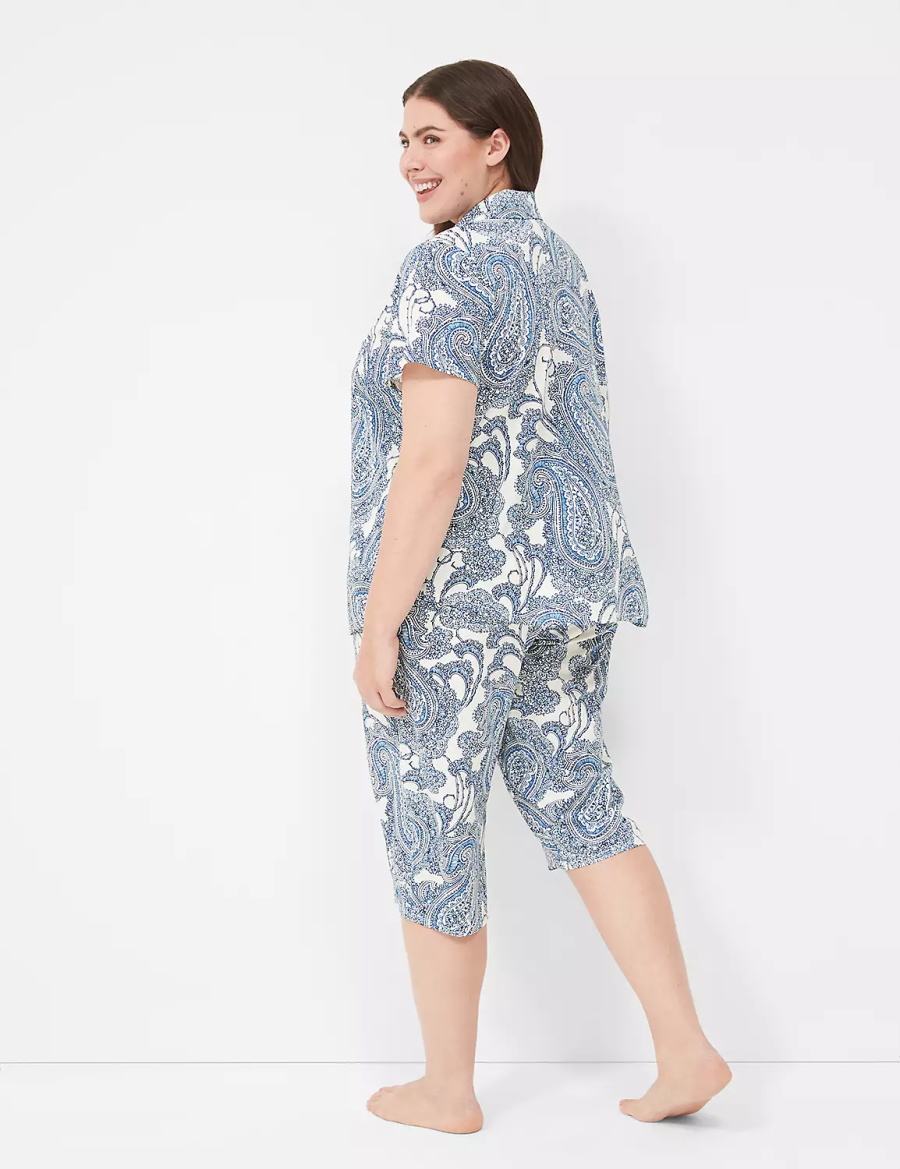 Women Lane Bryant DreamyCool Short-Sleeve Shirt & Crop Pant PJ Set Pajamas Blue Multicolor | LCM4266LH