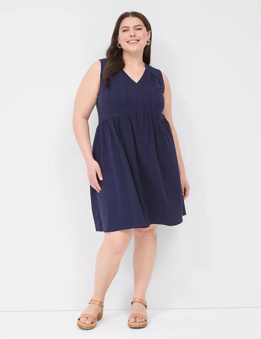 Women Lane Bryant Easy Swing Eyelet-Bodice Casual Dress Blue | KVB8512FH