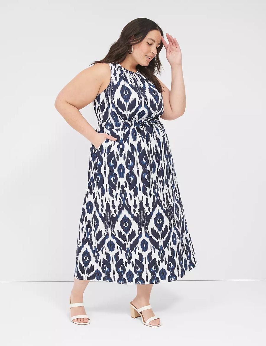 Women Lane Bryant Elastic-Neck Tie-Waist Midi Dress Navy | WZG3266YT