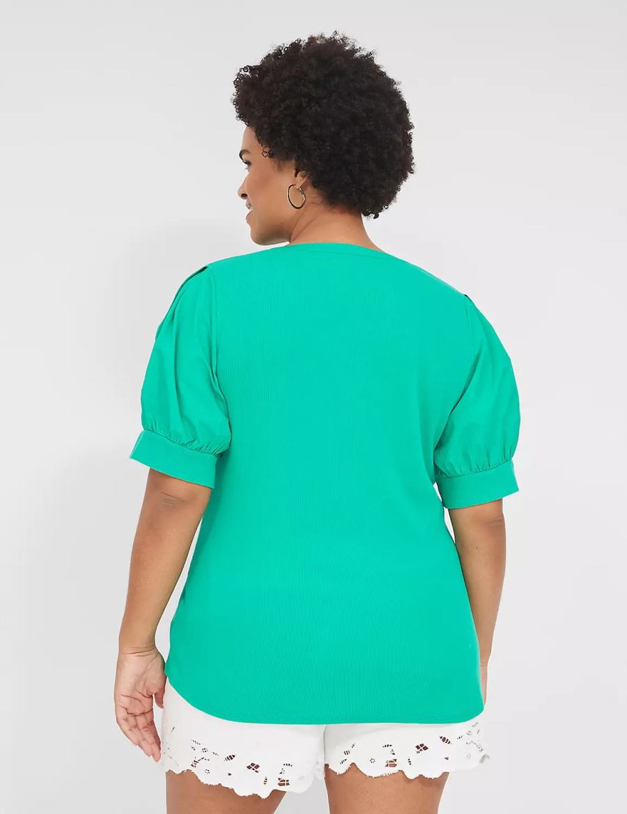 Women Lane Bryant Elbow-Sleeve Split-Neck Top T Shirts Turquoise | ITZ580UM