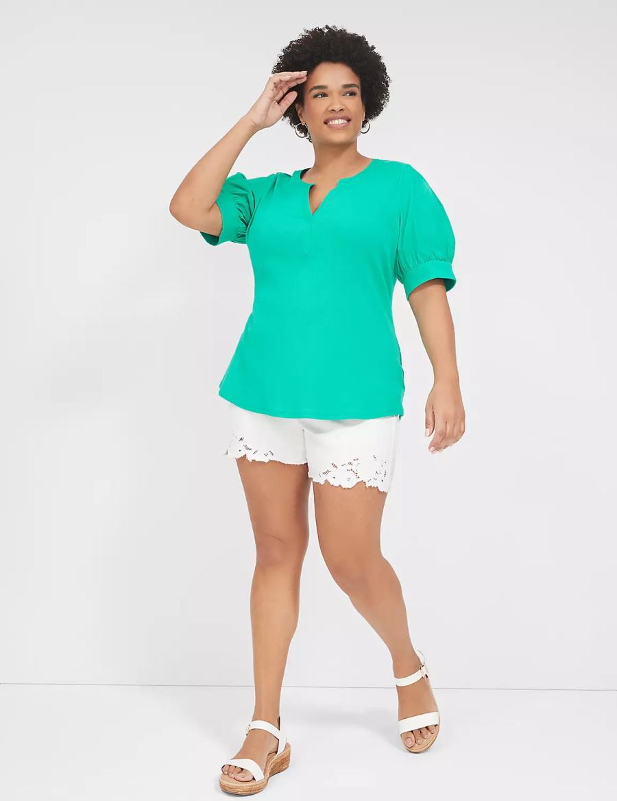 Women Lane Bryant Elbow-Sleeve Split-Neck Top T Shirts Turquoise | ITZ580UM