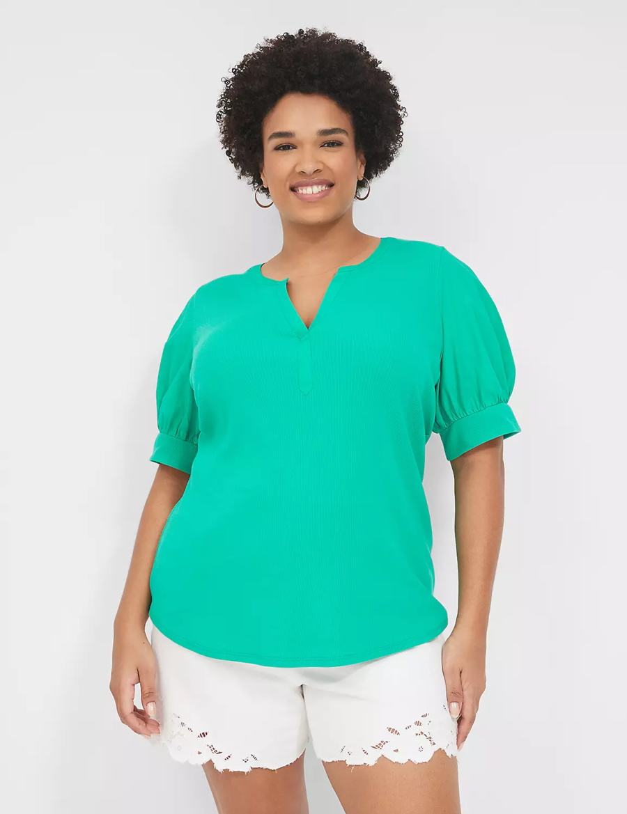 Women Lane Bryant Elbow-Sleeve Split-Neck Top T Shirts Turquoise | ITZ580UM