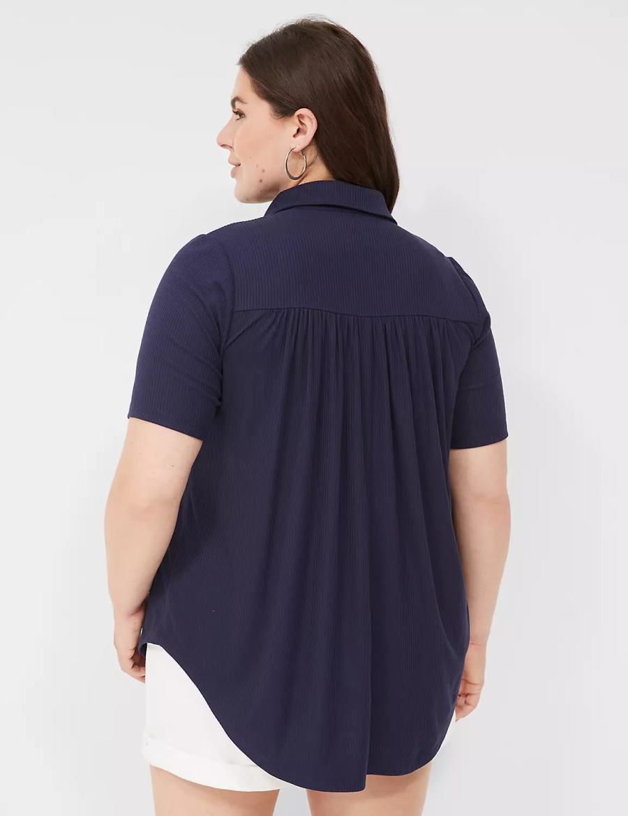 Women Lane Bryant Elbow-Sleeve Split-Neck Swing Polo Top T Shirts Blue | UEO4450YQ