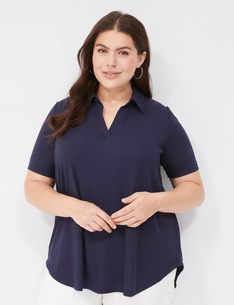 Women Lane Bryant Elbow-Sleeve Split-Neck Swing Polo Top T Shirts Blue | UEO4450YQ