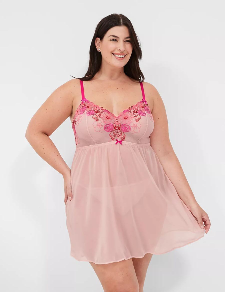 Women Lane Bryant Embroidered Babydoll Dress Rose Pink | WMK7145SJ