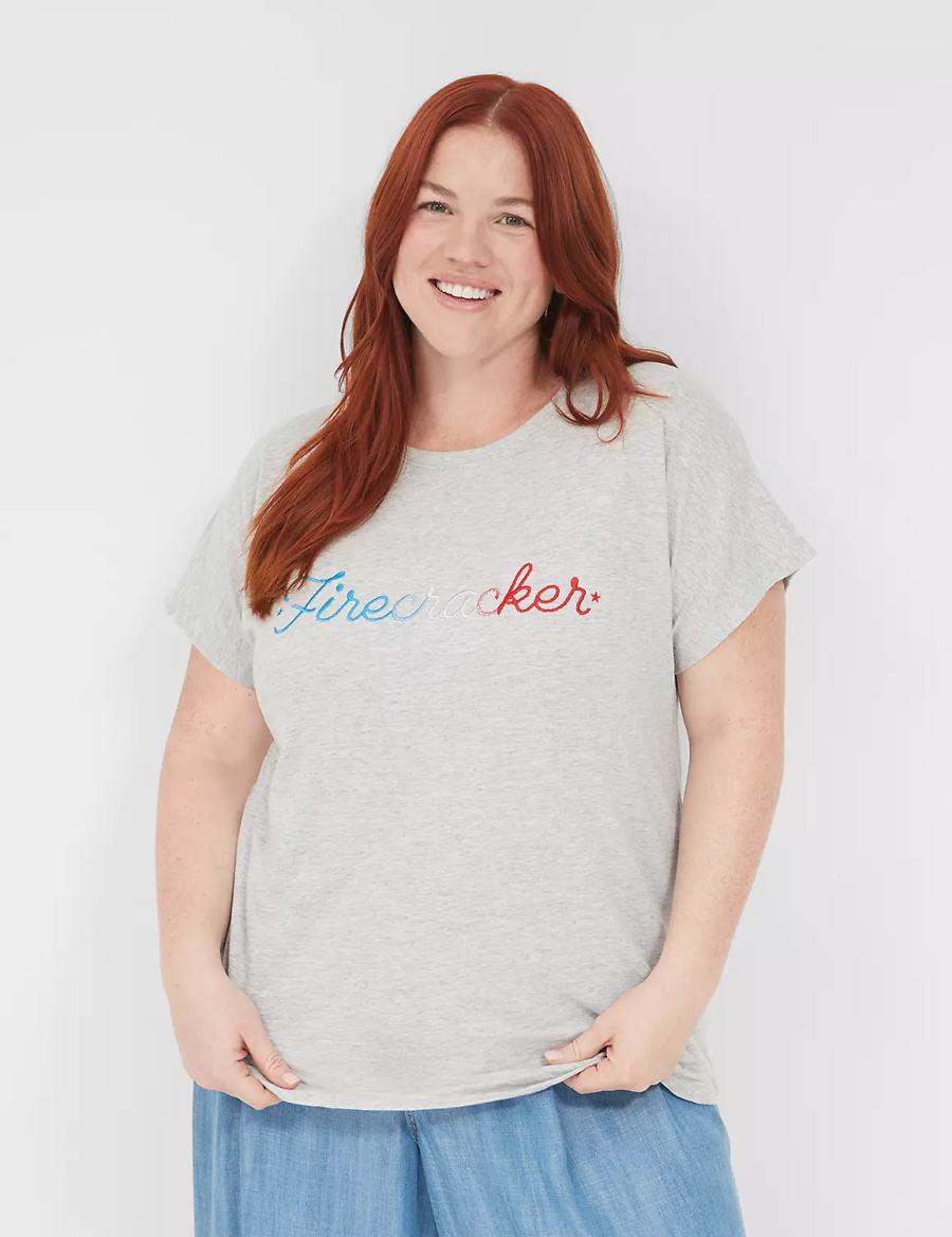 Women Lane Bryant Embroidered Firecracker Graphic Tee T Shirts Grey | ZLF375RO