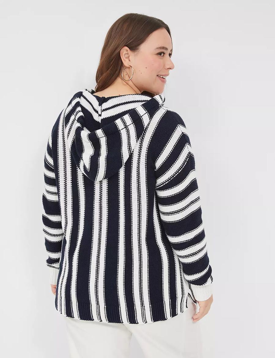 Women Lane Bryant Embroidered Hooded Pullover Sweaters Black White Stripes | QPJ5980MX