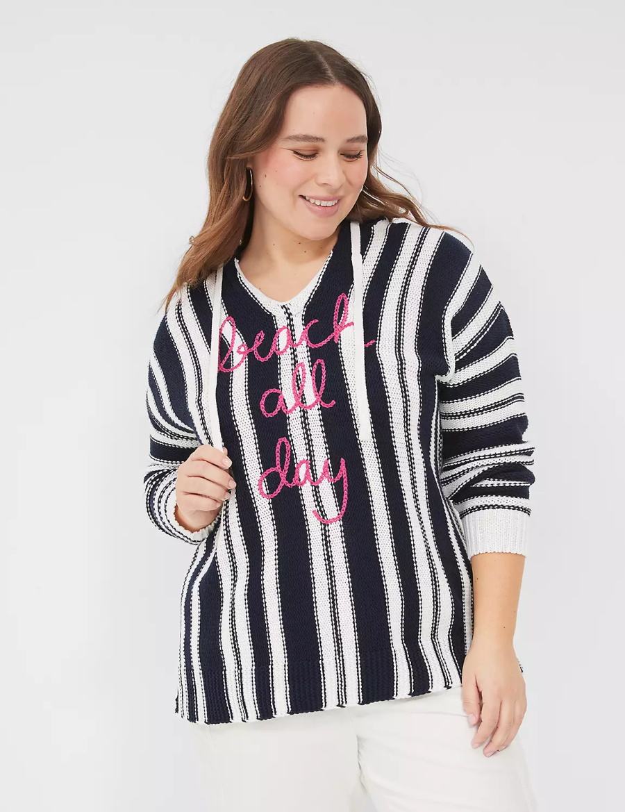 Women Lane Bryant Embroidered Hooded Pullover Sweaters Black White Stripes | QPJ5980MX