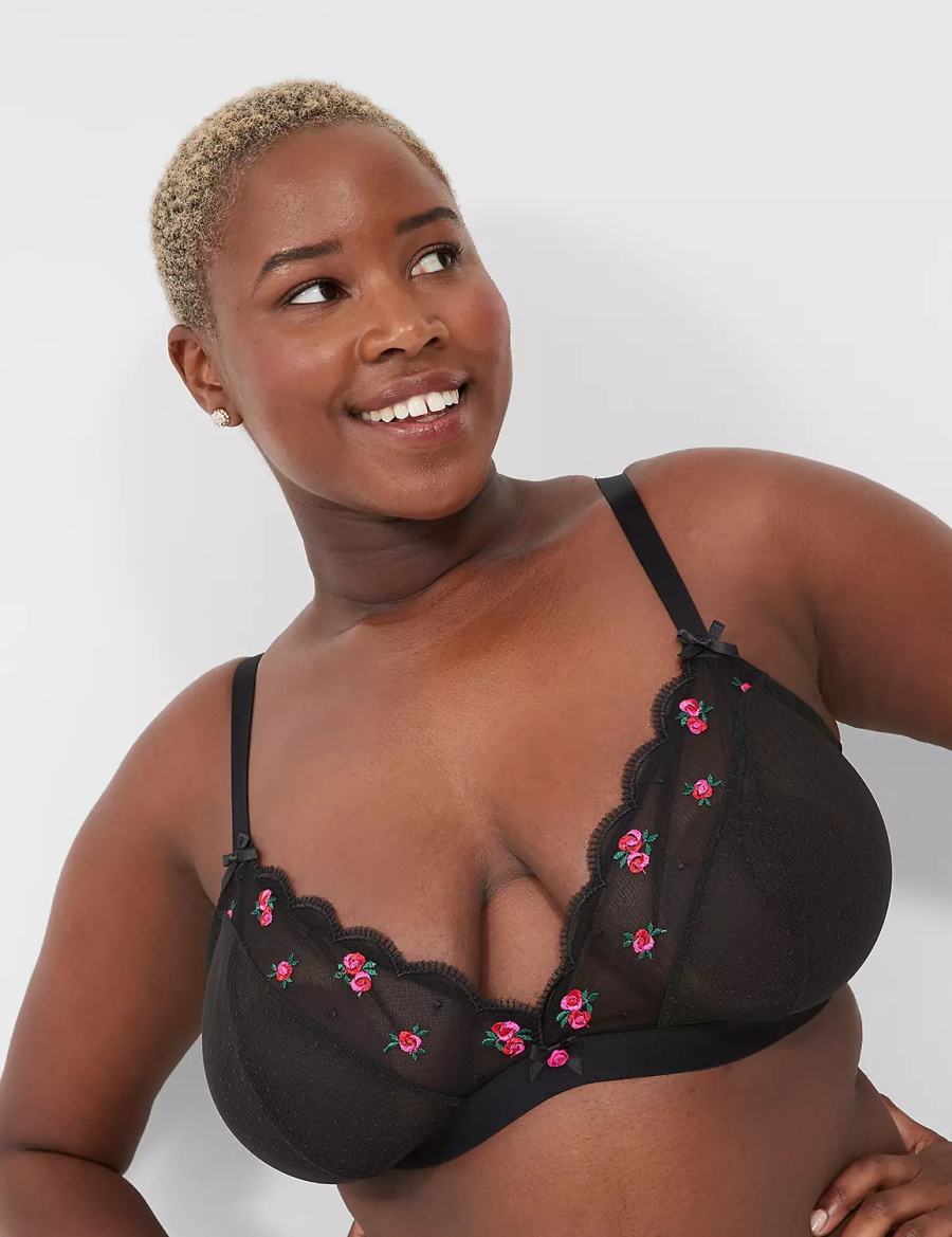 Women Lane Bryant Embroidered No-Wire Triangle Bralettes Black | ZFZ4371SL