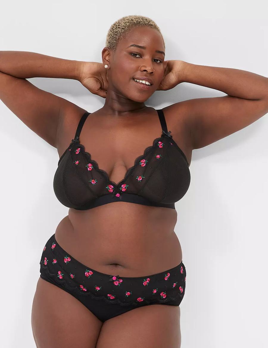 Women Lane Bryant Embroidered No-Wire Triangle Bralettes Black | ZFZ4371SL