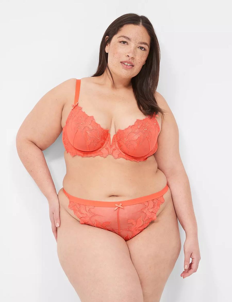 Women Lane Bryant Embroidered Thong Panty Red Coral | PXX1824RK