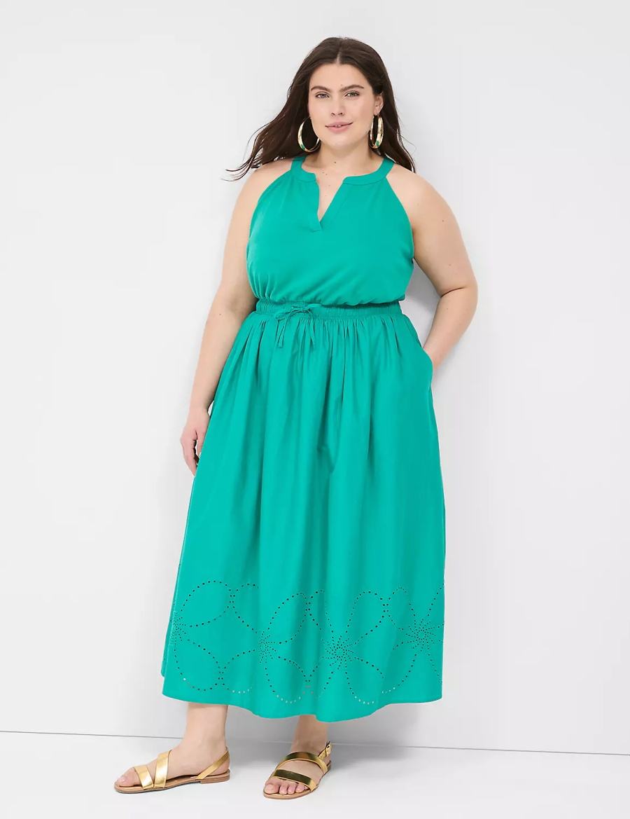 Women Lane Bryant Eyelet-Detail Split-Neck Maxi Dress Light Turquoise | XIE977WH