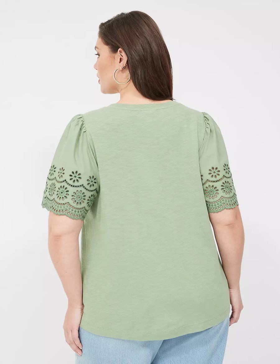 Women Lane Bryant Eyelet-Sleeve Crew-Neck Knit Tee Tank Top Light Green | DCA9838KH