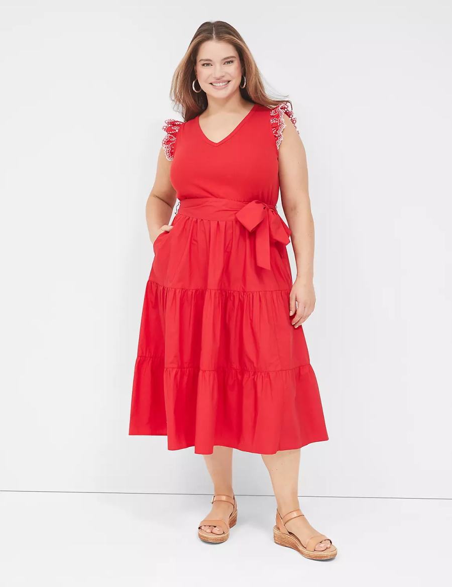 Women Lane Bryant Eyelet-Sleeveed Midi Dress Red | WCF29100BC