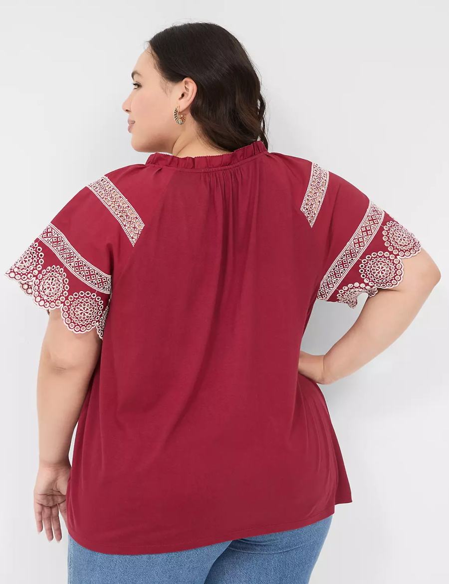 Women Lane Bryant Eyelet Short-Sleeve Knit Top T Shirts Deep Red | BVX9369TP