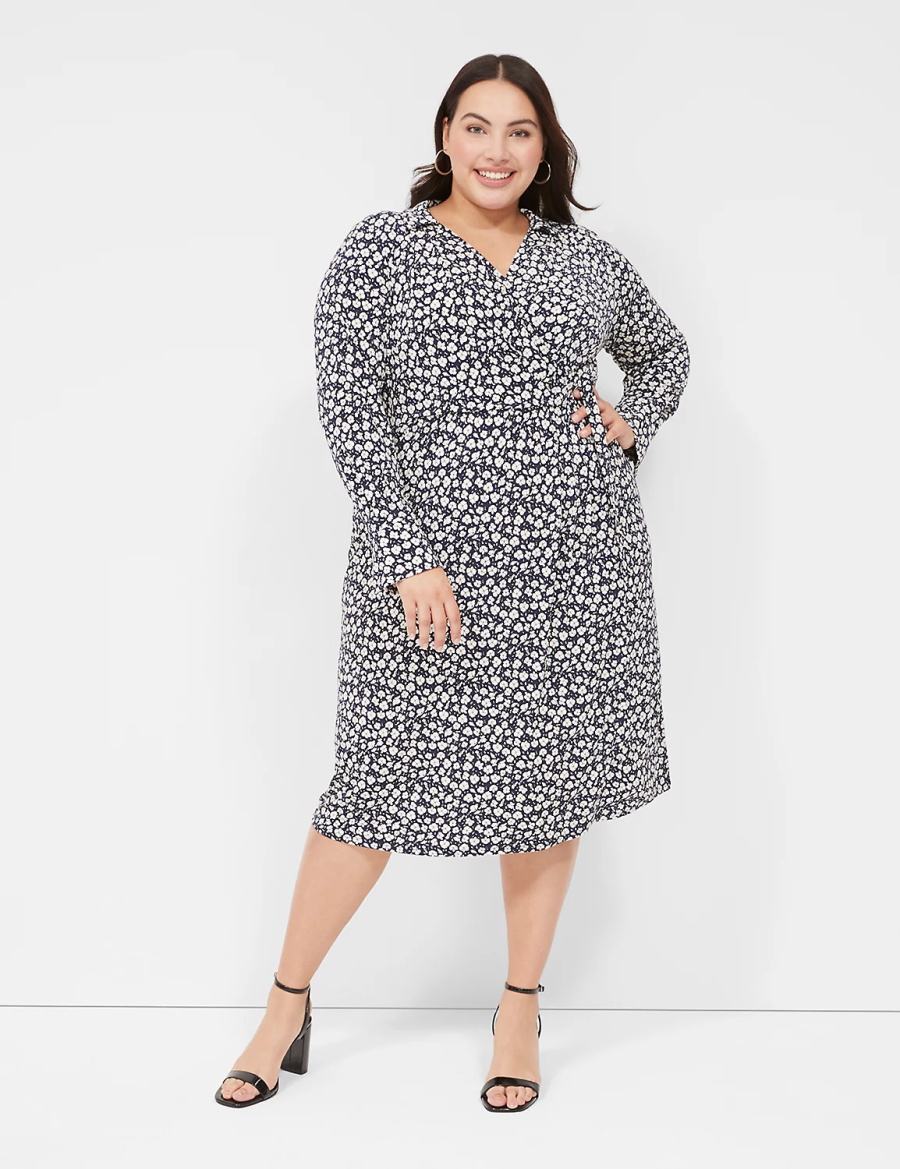 Women Lane Bryant Faux-Wrap Collar Jersey Midi Dress Navy | XBV4463RD