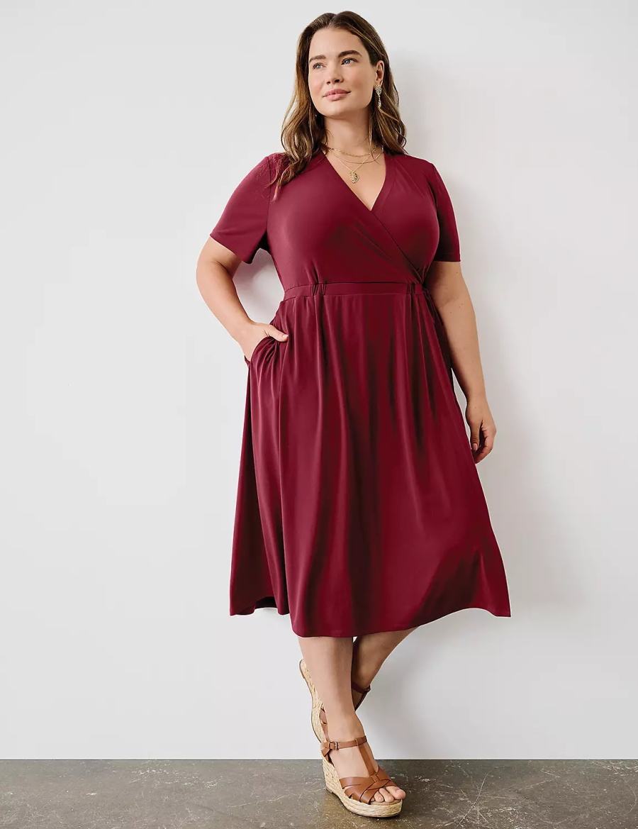 Women Lane Bryant Faux-Wrap Jersey Midi Dress Deep Red | BQF9049VS