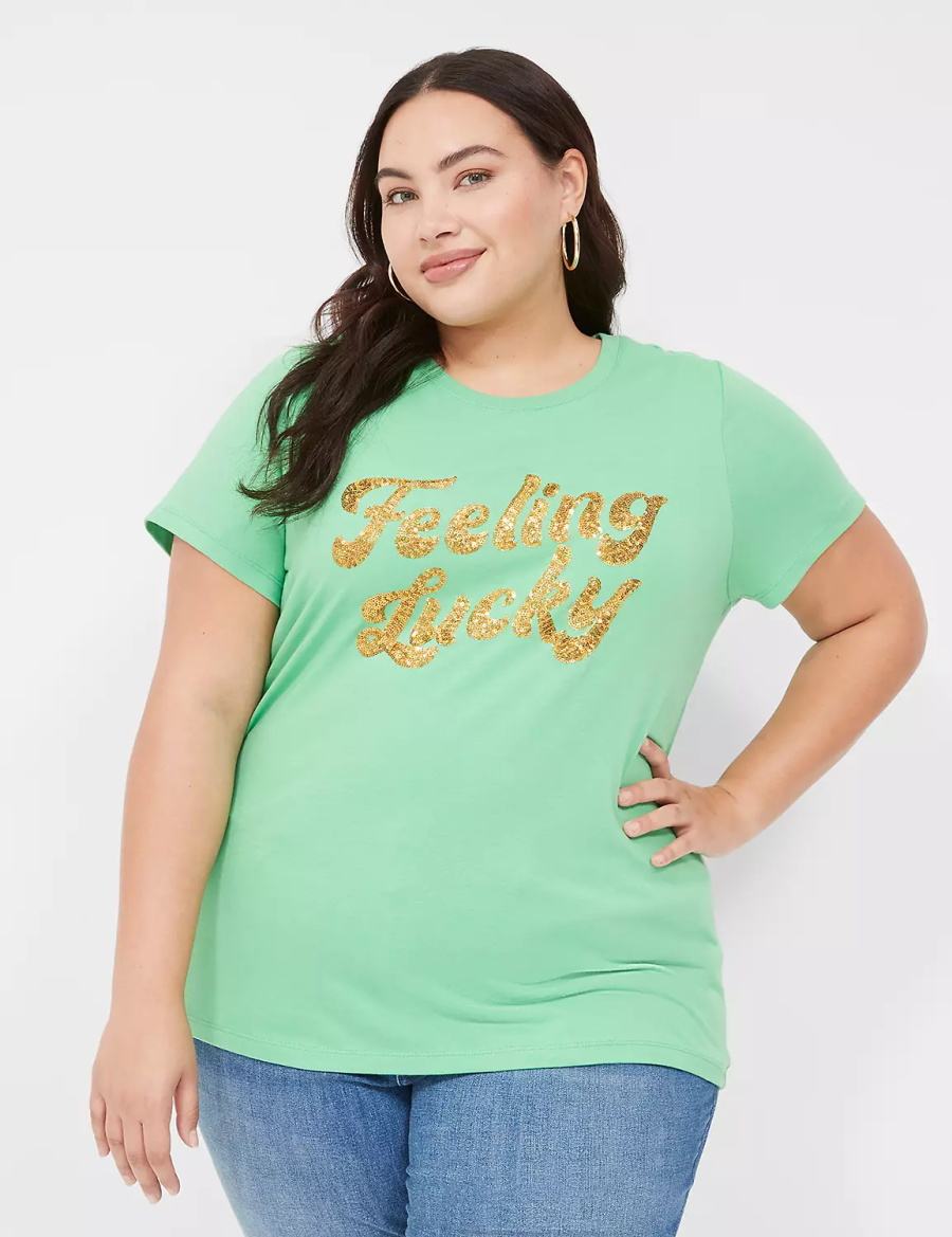 Women Lane Bryant Feeling Lucky Graphic Tee Tank Top Light Green | ZLX4864YU